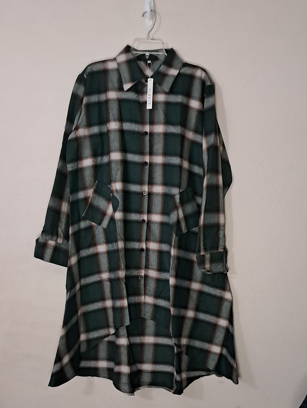 Plaid High-Low Shirt Dress - Forest Green